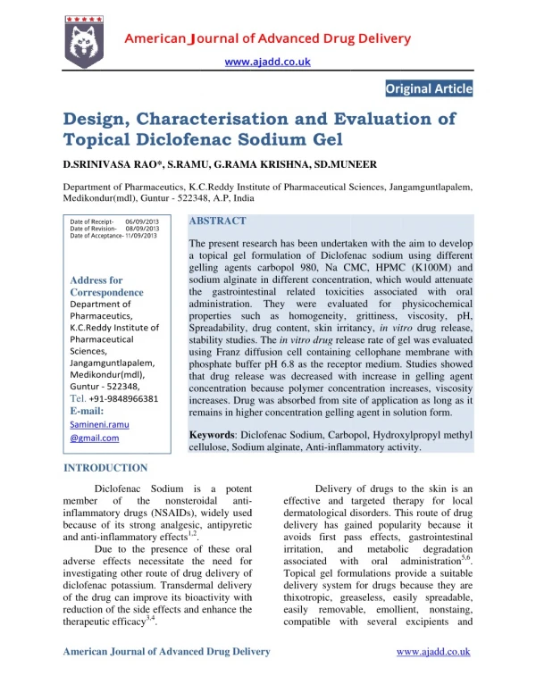 Design, Characterisation and Evaluation of Topical Diclofenac Sodiaum Gel