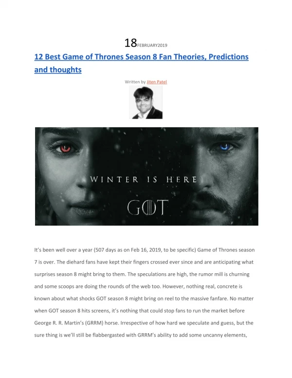 st Game of Thrones Season 8 Fan Theories, Predictions and thoughts