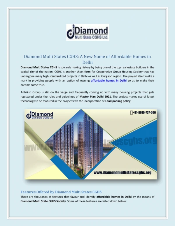 Diamond Multi State CGHS - A new way to get affordable homes in Delhi