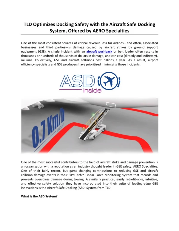 TLD Optimizes Docking Safety with the Aircraft Safe Docking System, Offered by AERO Specialties