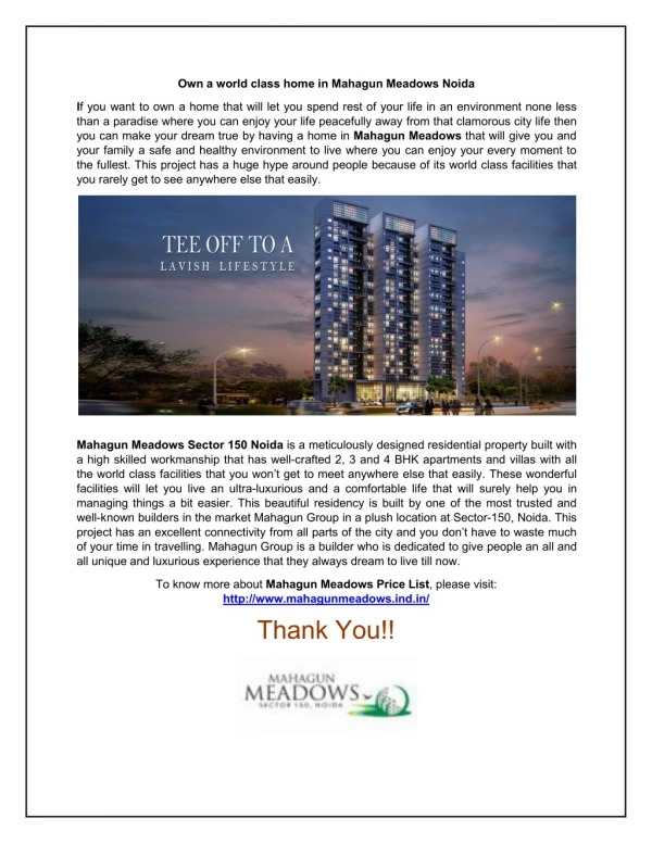 Live your life fullest with Mahagun Meadows Noida