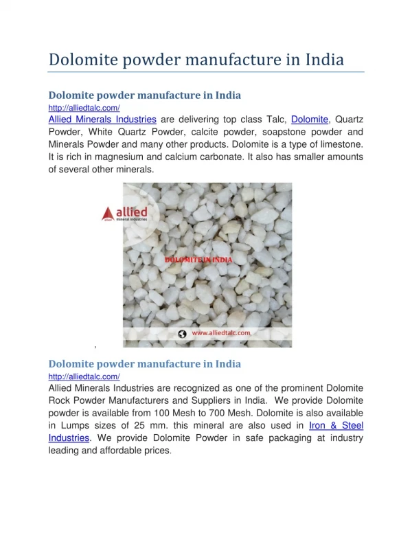 Dolomite powder manufacture in india