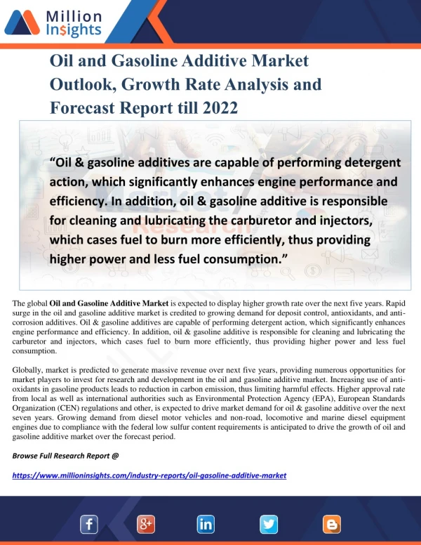 Oil and Gasoline Additive Market Outlook, Growth Rate Analysis and Forecast Report till 2022