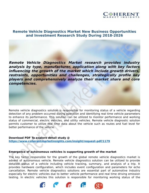 Remote Vehicle Diagnostics Market New Business Opportunities and Investment Research Study During 2018-2026