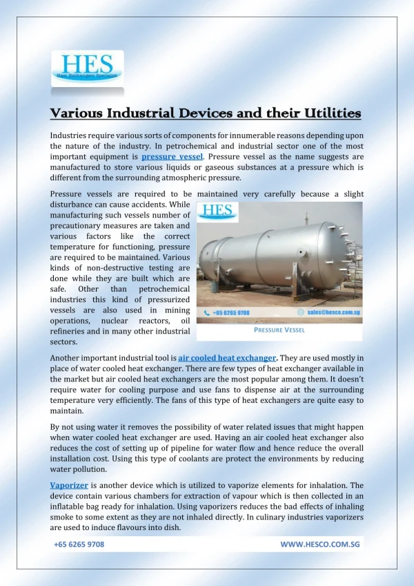 Various Industrial Devices and their Utilities