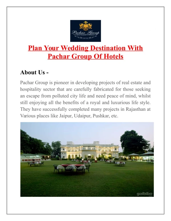 Plan Your Wedding Destination With Pachar Group Of Hotels