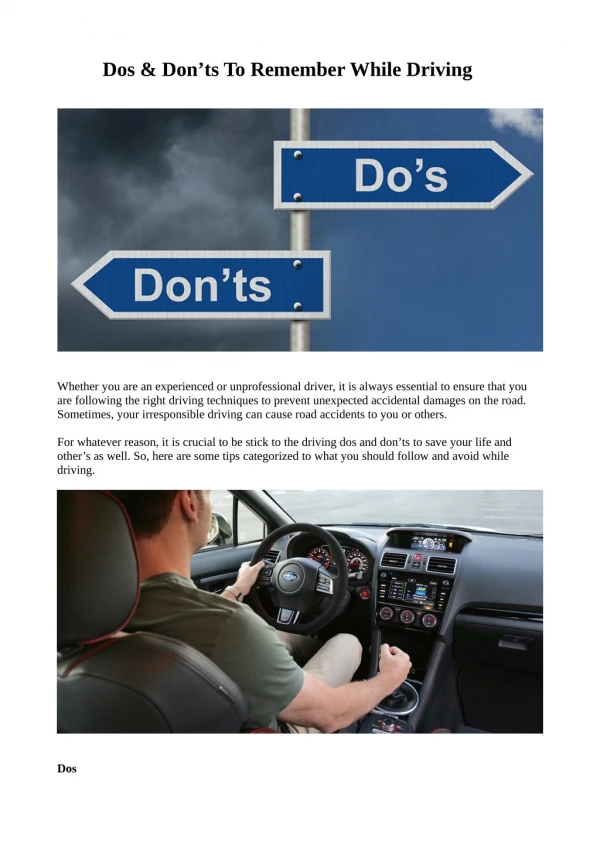 Dos & Don’ts To Remember While Driving