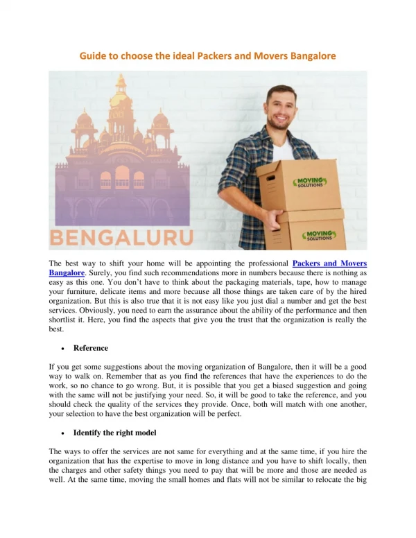 Guide to choose the ideal Packers and Movers Bangalore