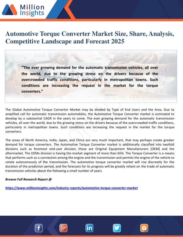 Automotive Torque Converter Market Size, Share, Analysis, Competitive Landscape and Forecast 2025