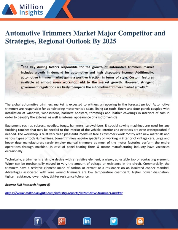Automotive Trimmers Market Major Competitor and Strategies, Regional Outlook By 2025