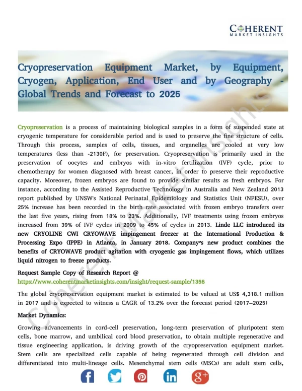 Cryopreservation Equipment Market, by Equipment, Cryogen, Application - Global Trends and Forecast to 2025