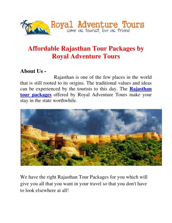 Affordable tour packages by Royal Adventure Tours
