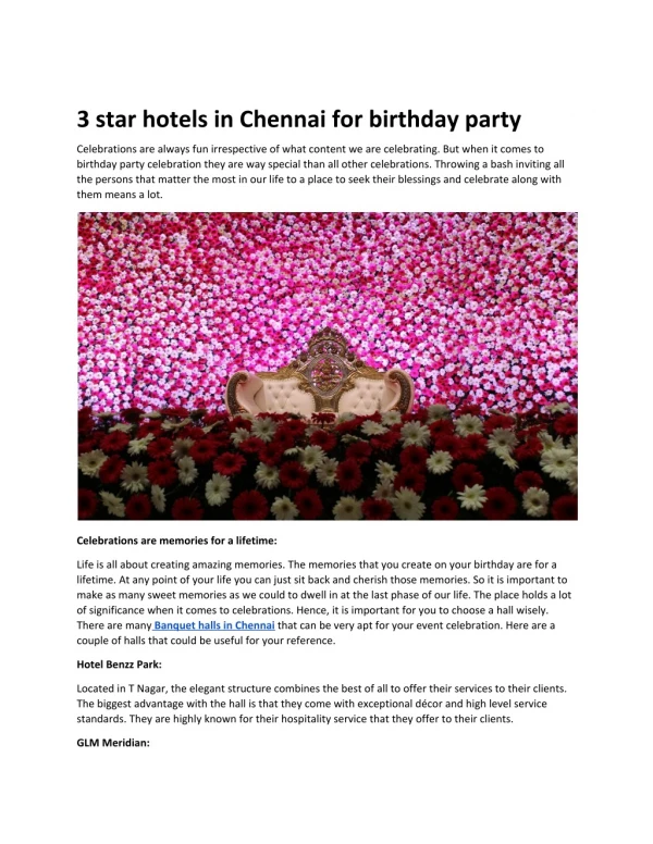 3 star hotels in Chennai for birthday party