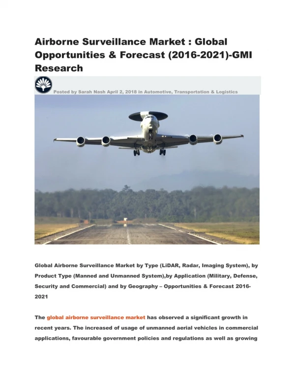 Airborne Surveillance Market : Global Opportunities & Forecast (2016-2021)-GMI Research