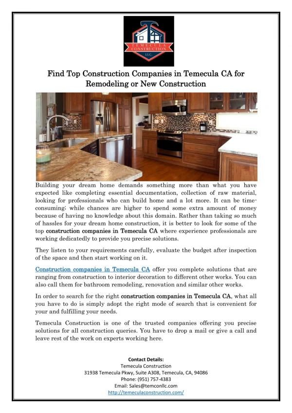 Find Top Construction Companies in Temecula CA for Remodeling or New Construction