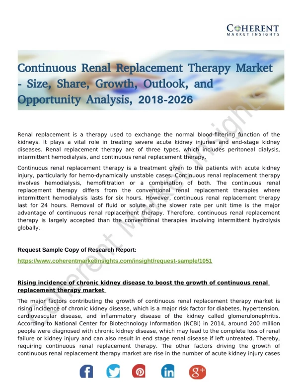 Continuous Renal Replacement Therapy Market Report Highlights The Competitive Scenario With Impact Of Drivers And Challe
