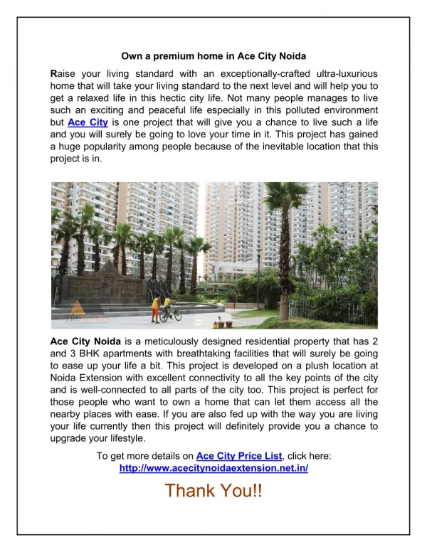Own a premium home in Ace City Noida