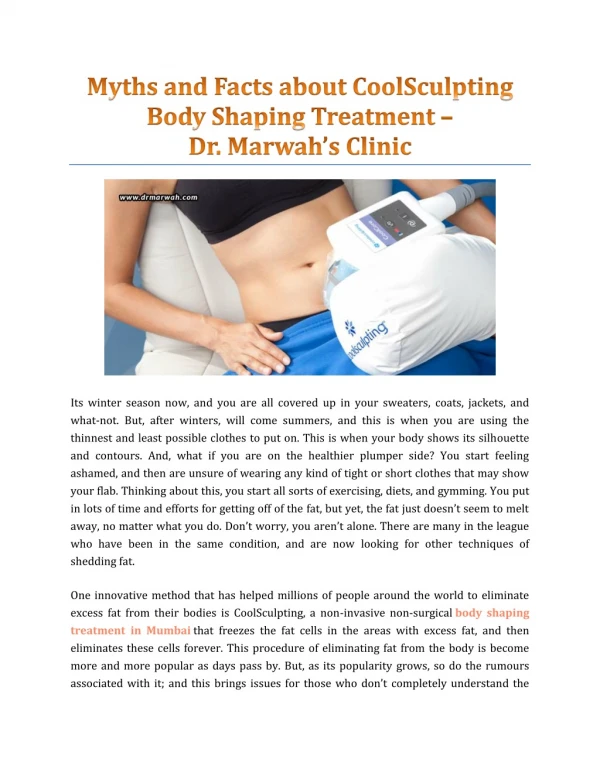 Myths And Facts About CoolSculpting Body Shaping Treatment - Dr Marwah