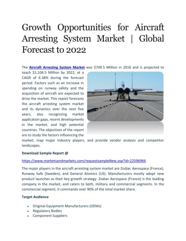 Growth Opportunities for Aircraft Arresting System Market | Global Forecast to 2022