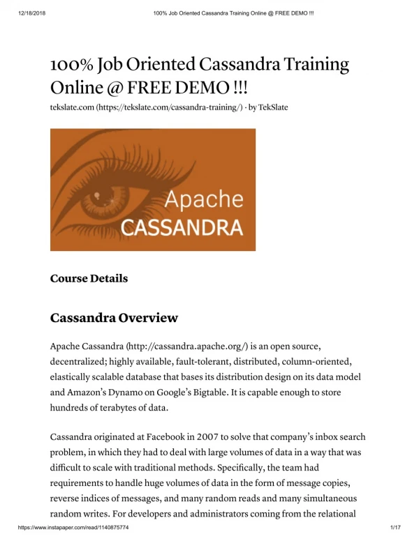 Cassandra Training in India & USA - FREE DEMO