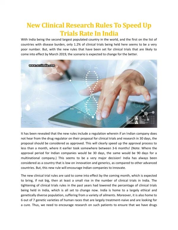 New Clinical Research Rules To Speed Up Trials Rate In India - ACRI India