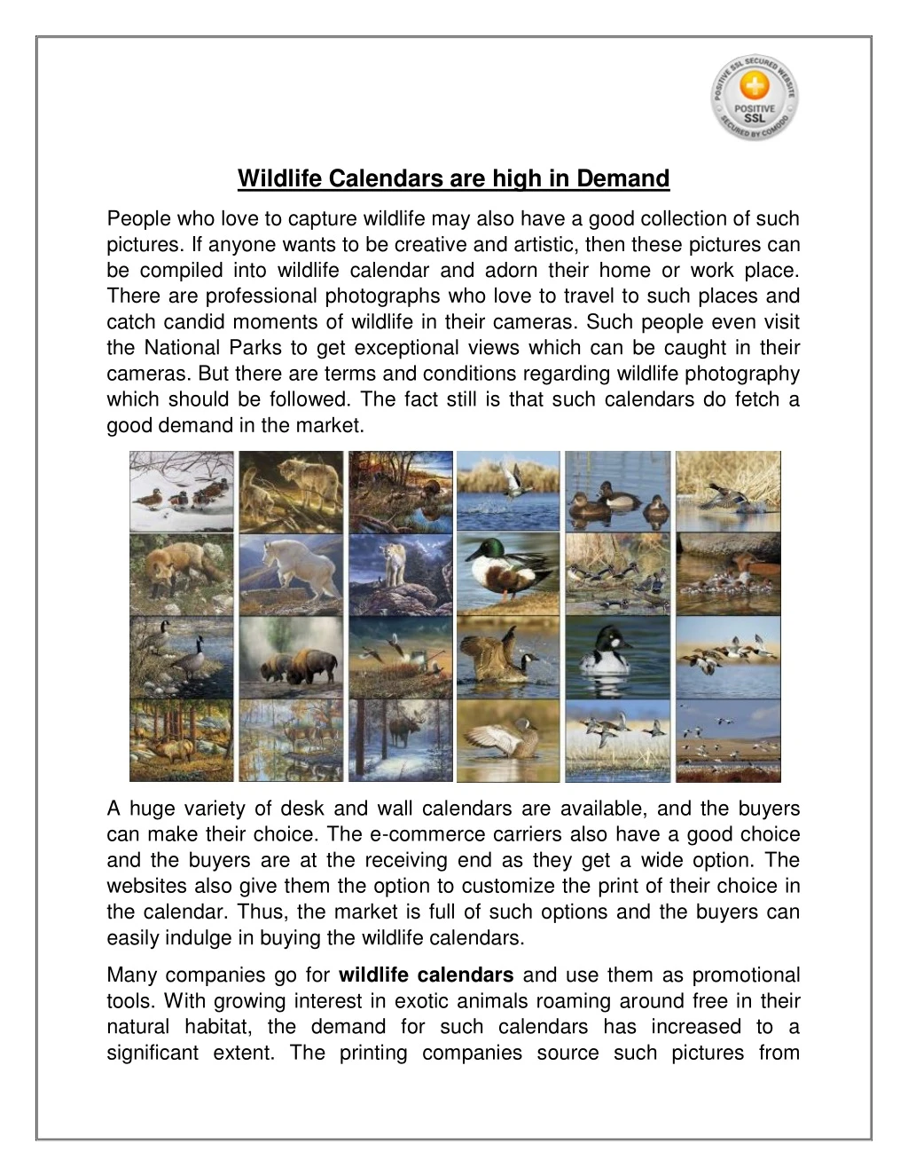wildlife calendars are high in demand