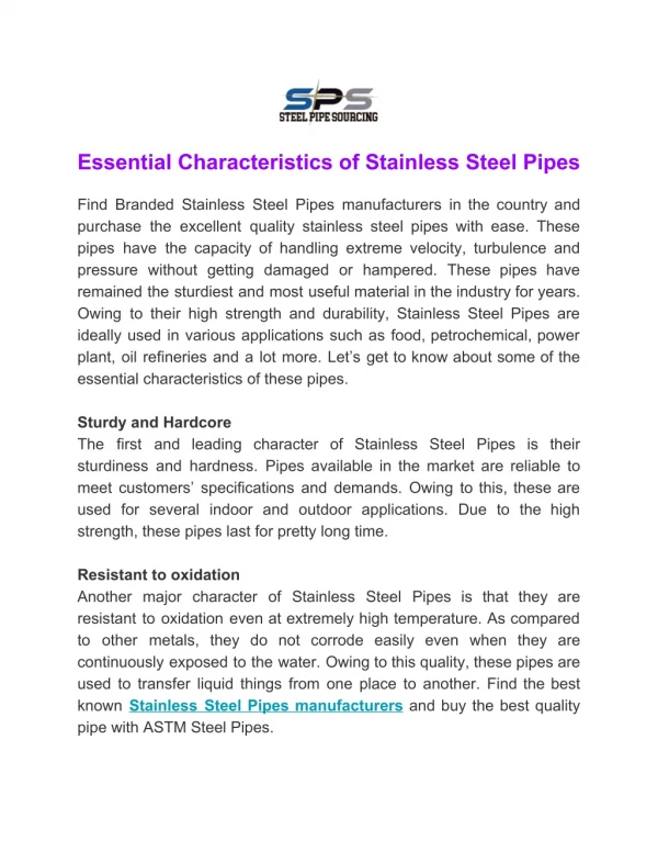Essential Characteristics of Stainless Steel Pipes