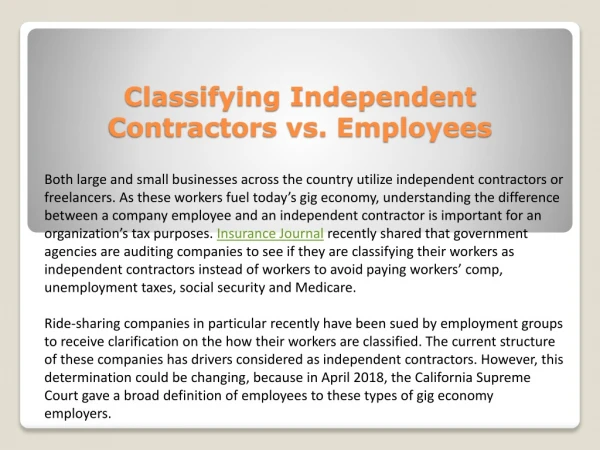 Classifying independent contractors vs. employees