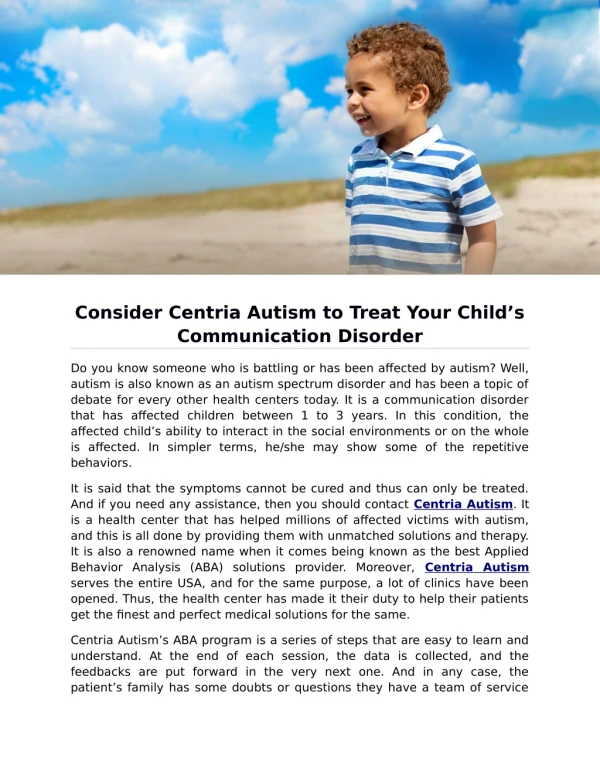 Consider Centria Autism to Treat Your Child’s Communication Disorder