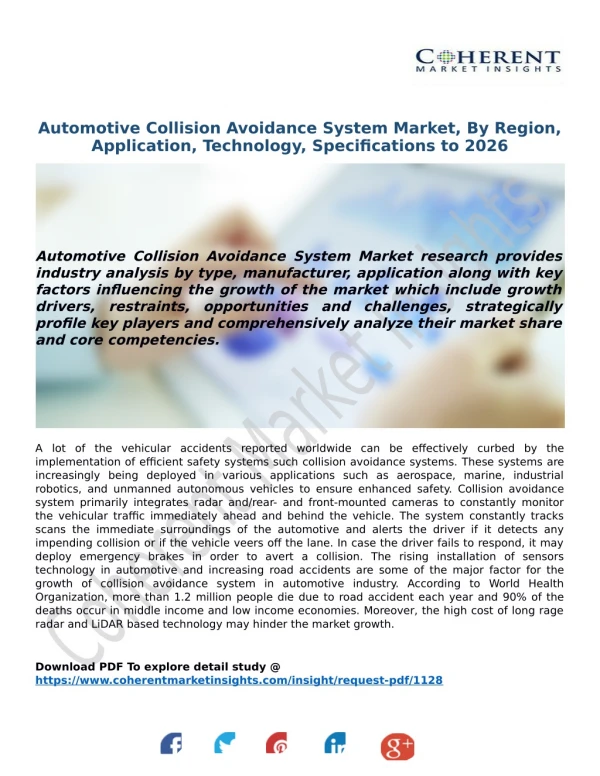 Automotive Collision Avoidance System Market, By Region, Application, Technology, Specifications to 2026