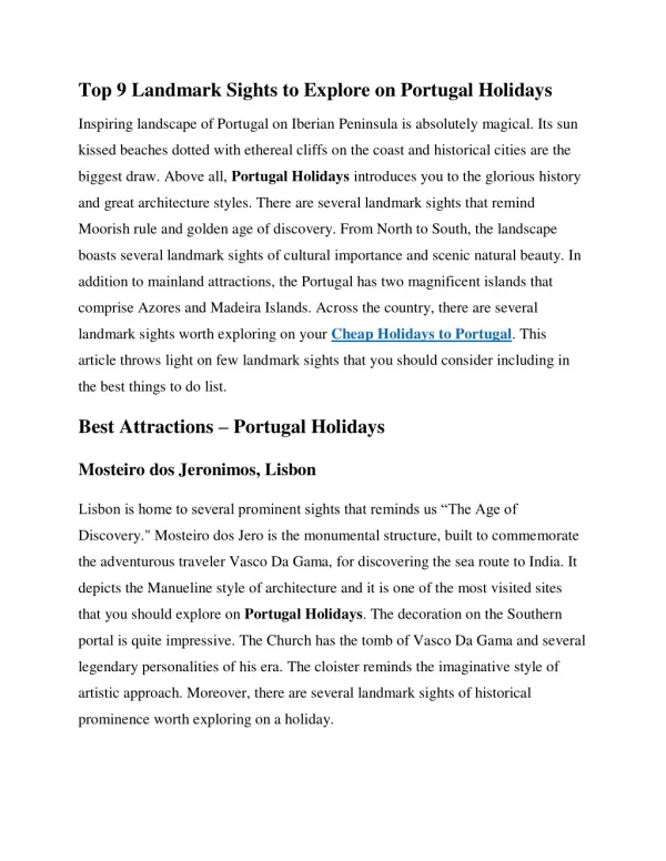 Top 9 Landmark Sights to Explore on Portugal Holidays