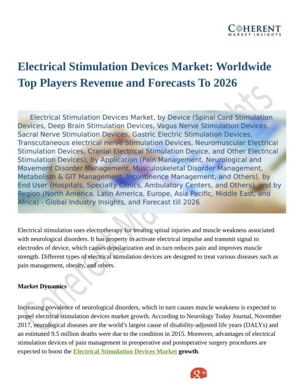 Electrical Stimulation Devices Market: Worldwide Top Players Revenue and Forecasts To 2026