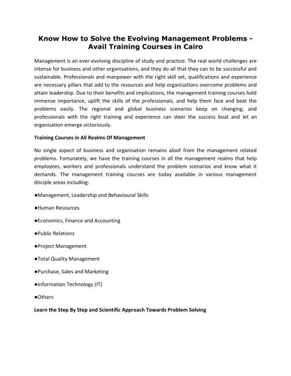Know How to Solve the Evolving Management Problems - Avail Training Courses in Cairo