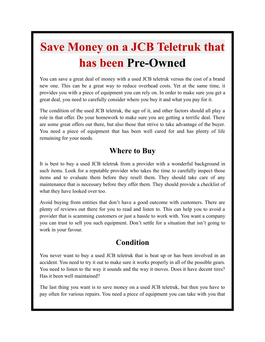 save money on a jcb teletruk that has been