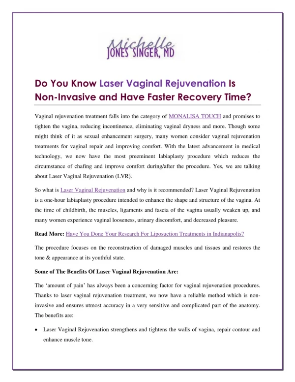 Do You Know Laser Vaginal Rejuvenation Is Non-Invasive and Have Faster Recovery Time?