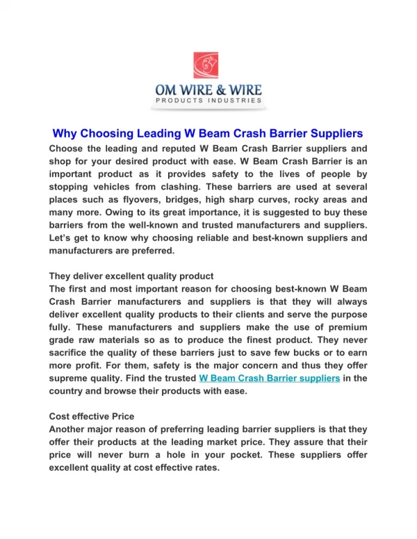 Why Choosing Leading W Beam Crash Barrier Suppliers