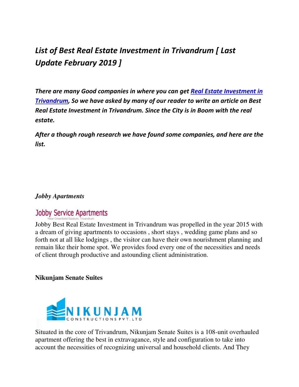 list of best real estate investment in trivandrum