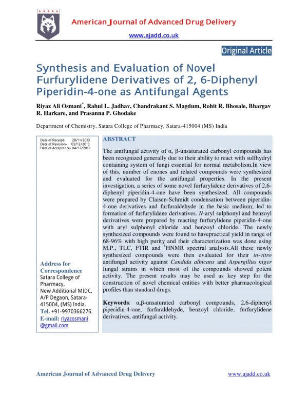 Synthesis and Evaluation of Novel Furfurylidene Derivatives of 2, 6-Diphenyl Piperidin-4-one as Antifungal Agents