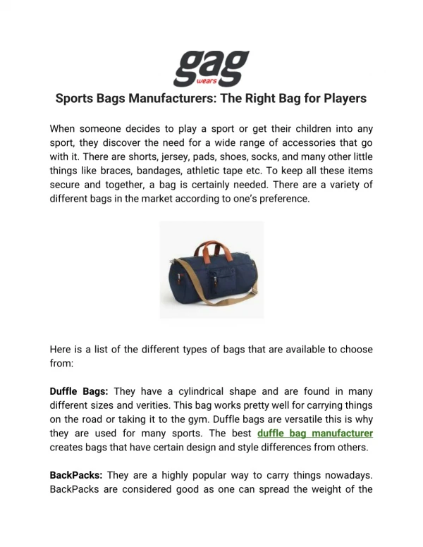 Sports Bags Manufacturers: The Right Bag for Players