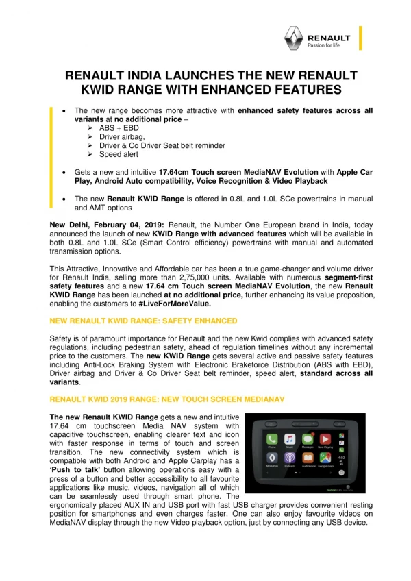 Renault India Launches the New Renault KWID Range with Enhanced Features
