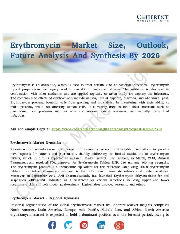 Erythromycin Market Highlights, Fundamentals 2018, Forecast Till 2026