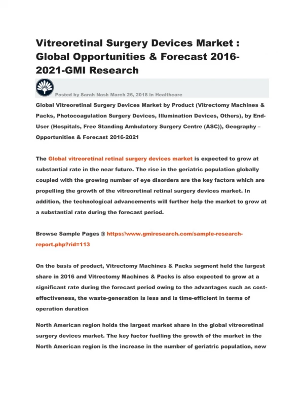 Vitreoretinal Surgery Devices Market : Global Opportunities & Forecast 2016-2021-GMI Research