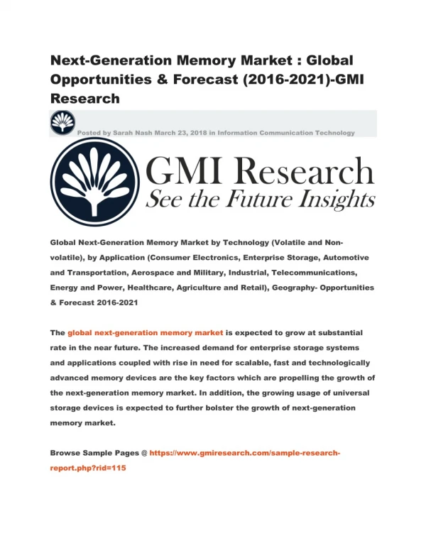 Next-Generation Memory Market : Global Opportunities & Forecast (2016-2021)-GMI Research