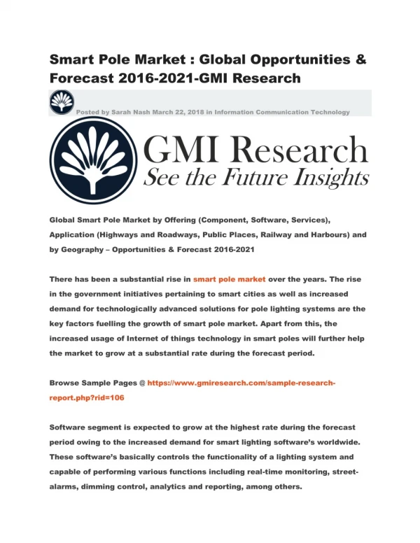 Smart Pole Market : Global Opportunities & Forecast 2016-2021-GMI Research