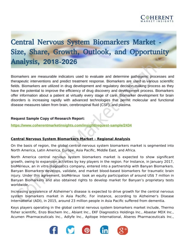 Central Nervous System Biomarkers Market Size, Application, Share, Qualitative Research and Competitive Strategy Analysi