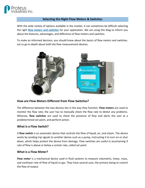 Selecting the Right Flow Meters & Switches