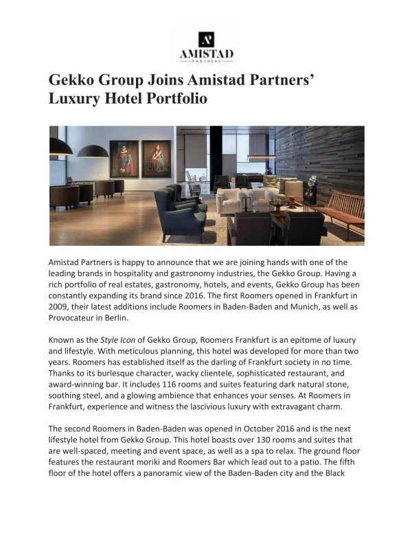 Gekko Group Joins Amistad Partners’ Luxury Hotel Portfolio