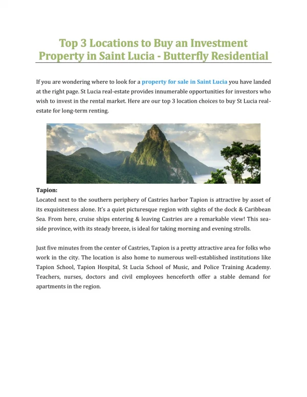 Top 3 Locations to Buy an Investment Property in Saint Lucia - Butterfly Residential