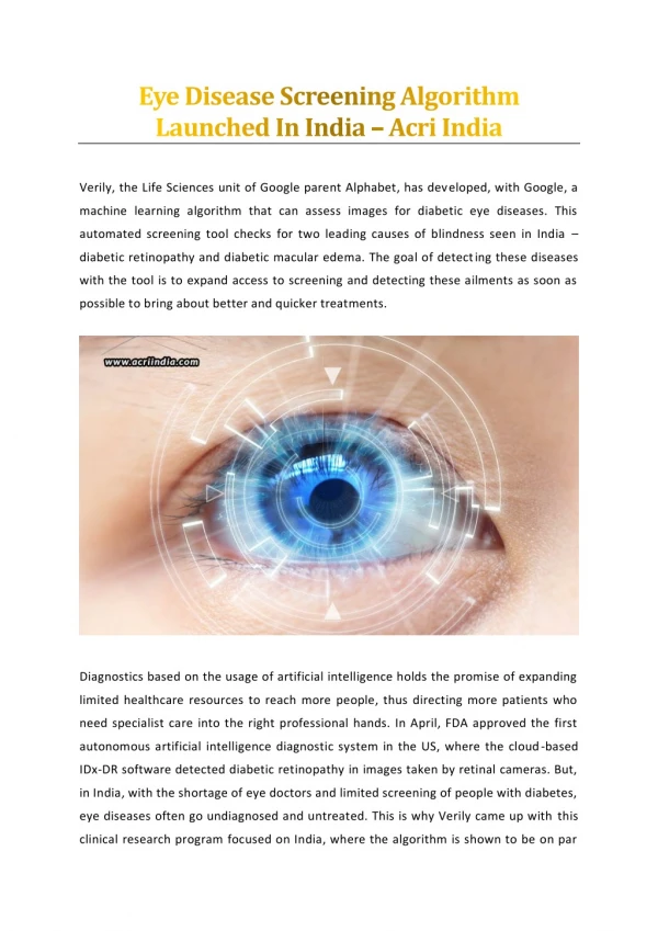 Eye Disease Screening Algorithm Launched In India-Acri India