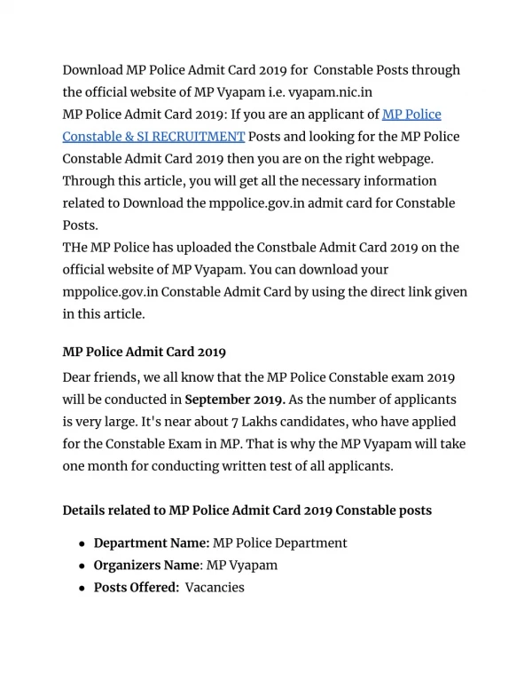 MP Police Admit Card 2019